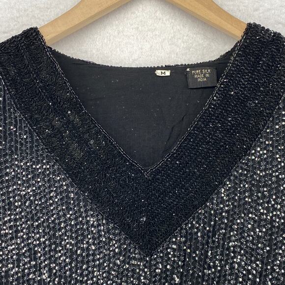 SEQUINED Blouse M Silk Crepe Fully Beaded Heavy Embellished V-Neck Vintage Black - Picture 3 of 11